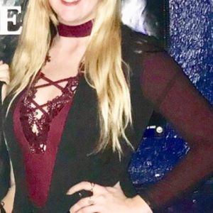 Charlotte Russe-crochet-trim mock neck bodysuit